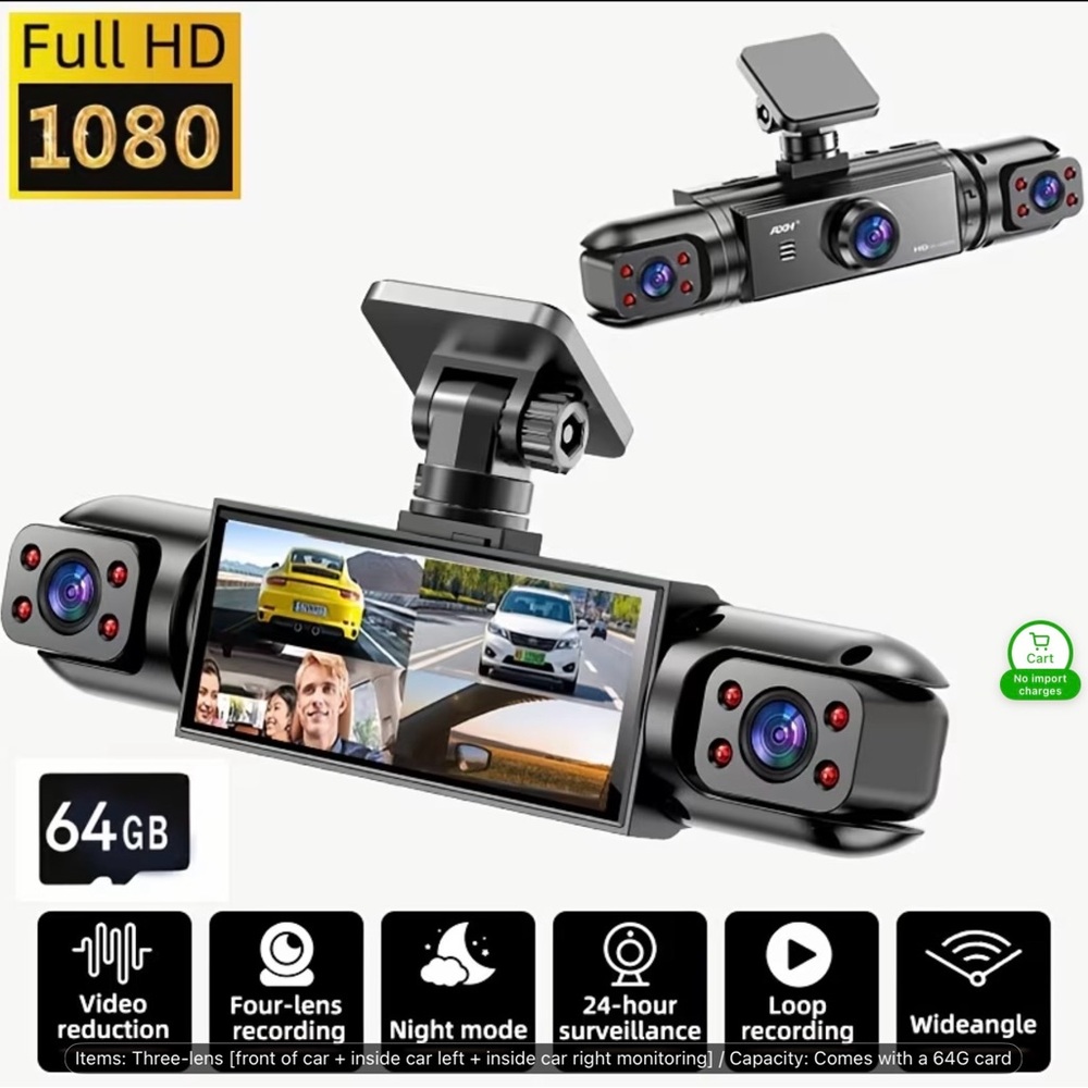 1080P Full HD Car Dash Cam with Triple Lens - Black
